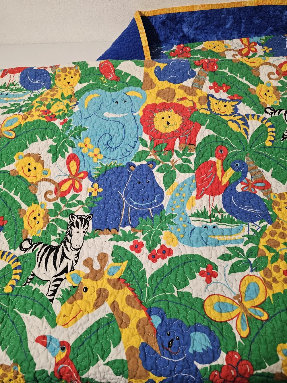 Reversible Crib Quilt Jungle Safari Animals Multicolor with Blue Backing